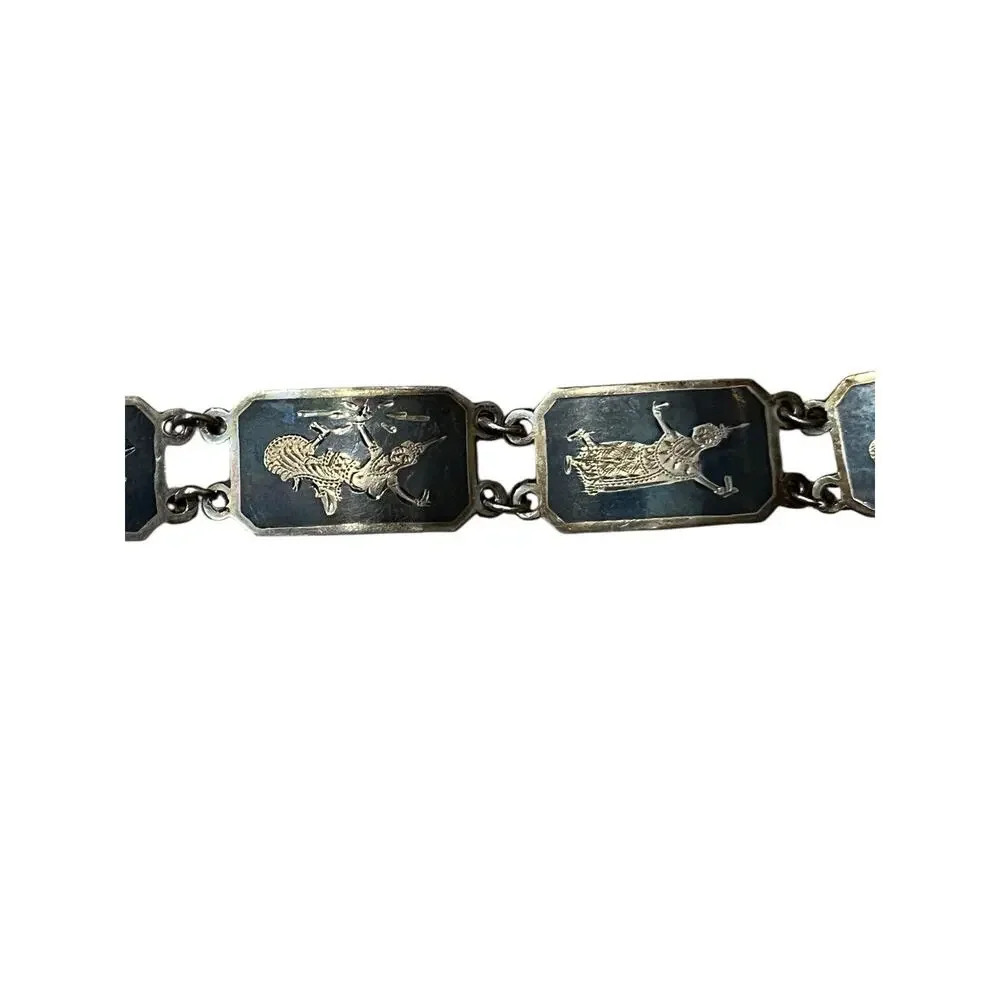 Vtg sterling Thai Siam Nielloware Link 8” bracelet & Earrings (1.25”)
